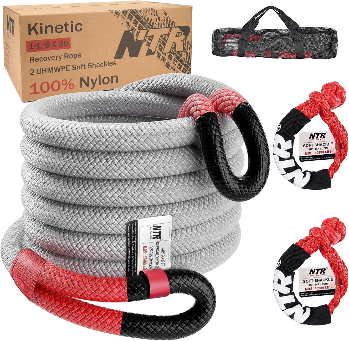 1-1/8" x 30' Kinetic Recovery Tow Rope (37,480lbs), with 2 UHMWPE Soft Shackles (40,980lbs), Heavy-Duty Offroad