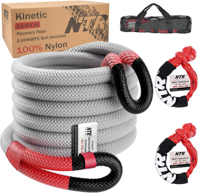 1-1/8" x 30' Kinetic Recovery Tow Rope (37,480lbs), with 2 UHMWPE Soft Shackles (40,980lbs), Heavy-Duty Offroad