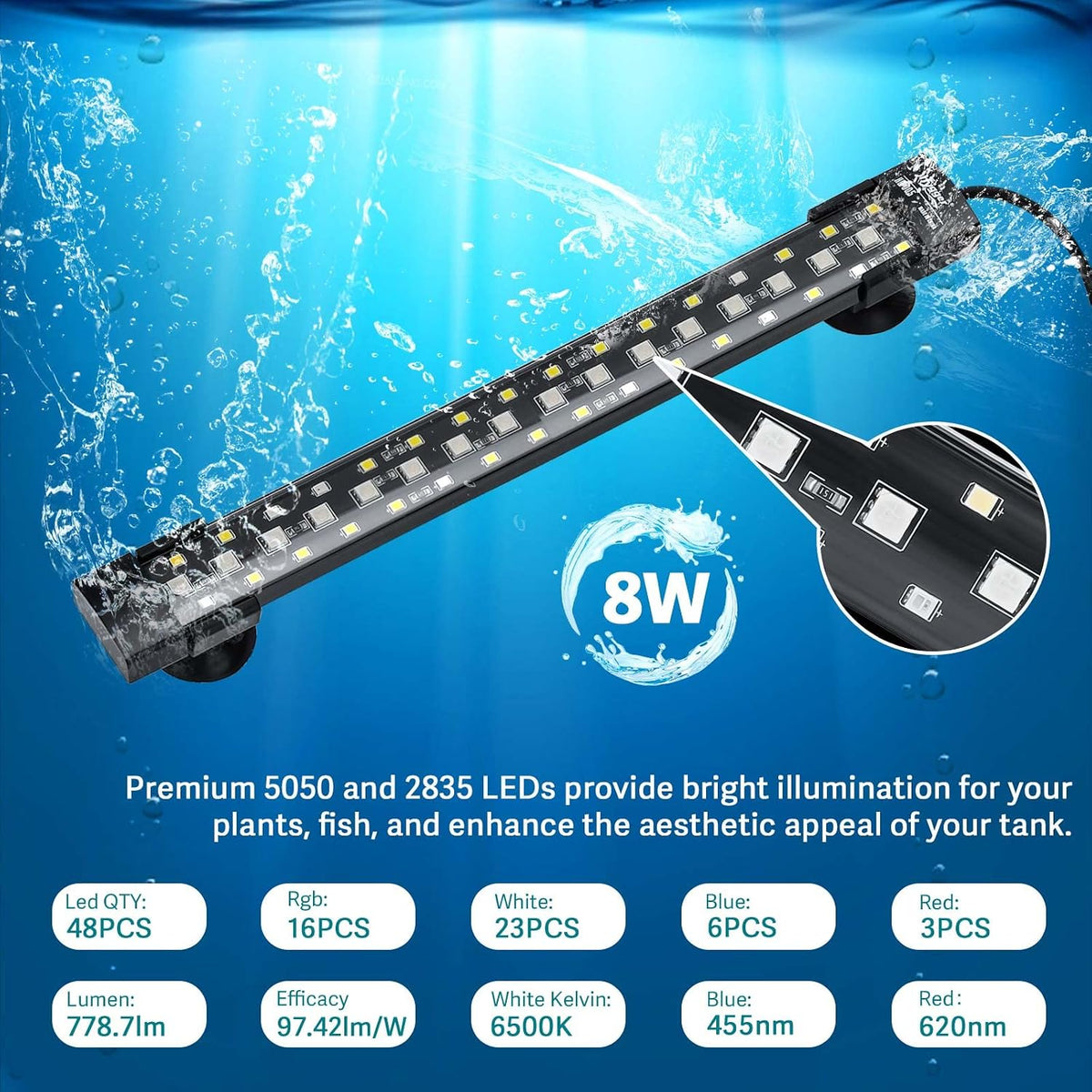 24/7 Mode Submersible Aquarium LED Light, Full Spectrum Hidden Fish Tank Light with 3 Rows Beads 7 Colors Auto On Off