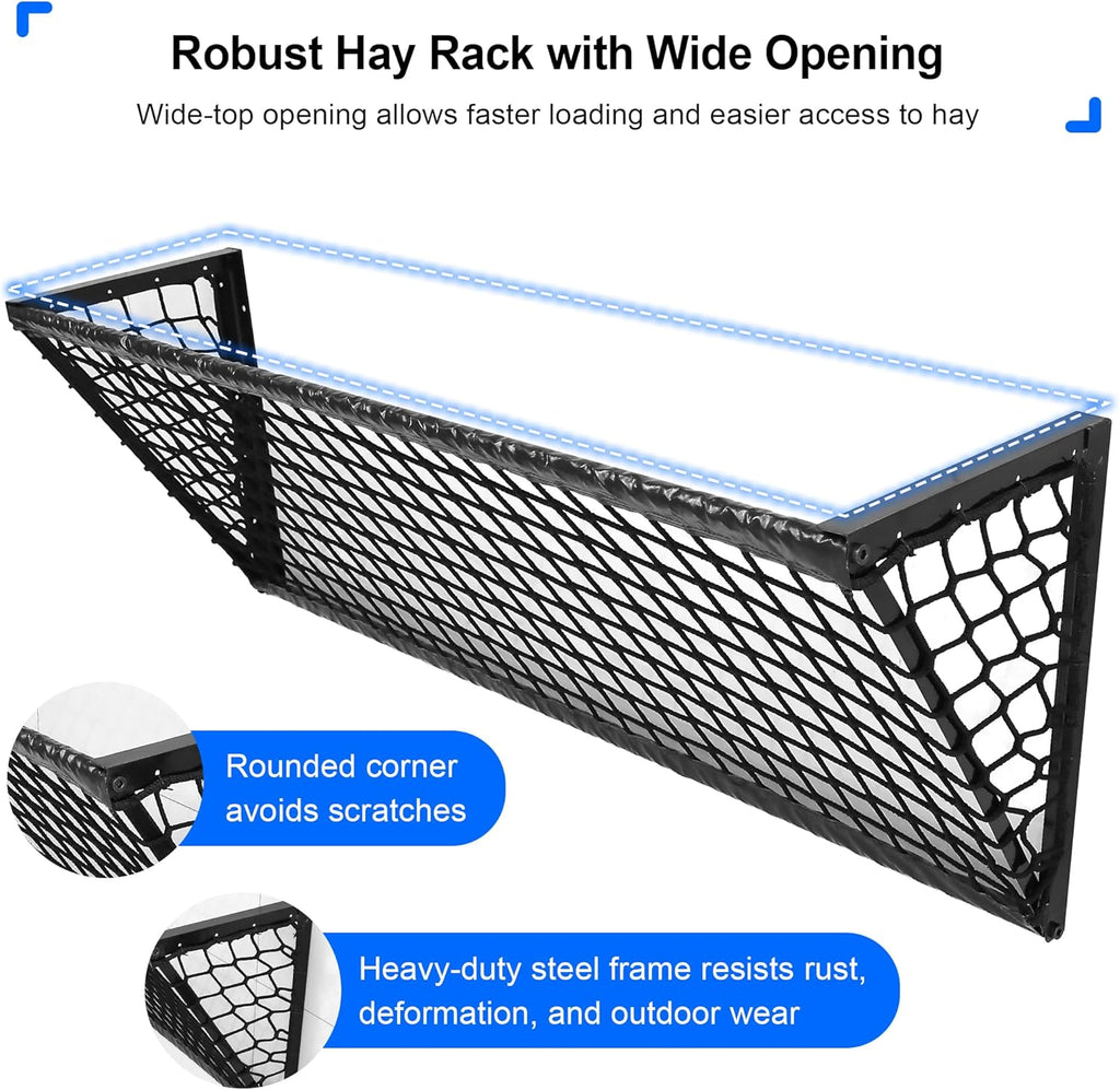 Upgraded Hay Feeder for Goats with Net, 63Inch Long Wall Hay Rack with 50Gallon Large Capacity, Blanket Hay Holder