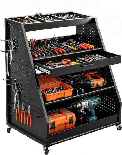 4-Tier Heavy Duty Rolling Tool Cart with Pegboard & Sliding Tray, 440 LBS Load Capacity Steel Utility Cart on