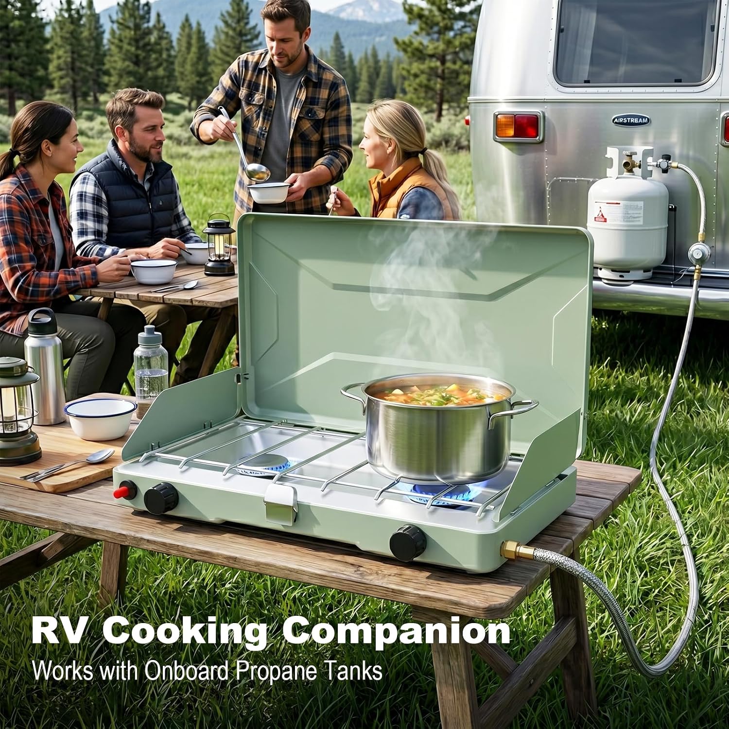 Portable Camping Stove, Propane Gas Camping Cooktop, 2 Burner, 20000 BTUs, Windscreen, Instant Ignition with