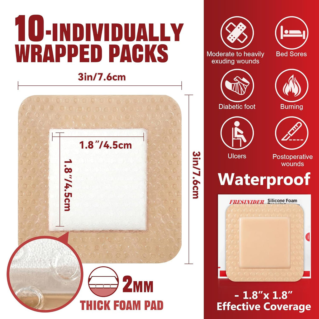 Silicone Foam Dressing with Adhesive Border – Wound Dressing Bandage – Silicone Foam Pad – Pack of 10 – 3 x 3 Inches