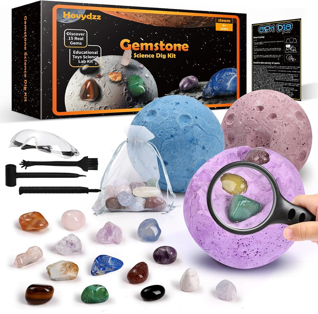 Gemstones Dig Kit, Science Kit for Kids, Dig up 15 Real Gems & Explore Solar System, STEM Educational Mining Space