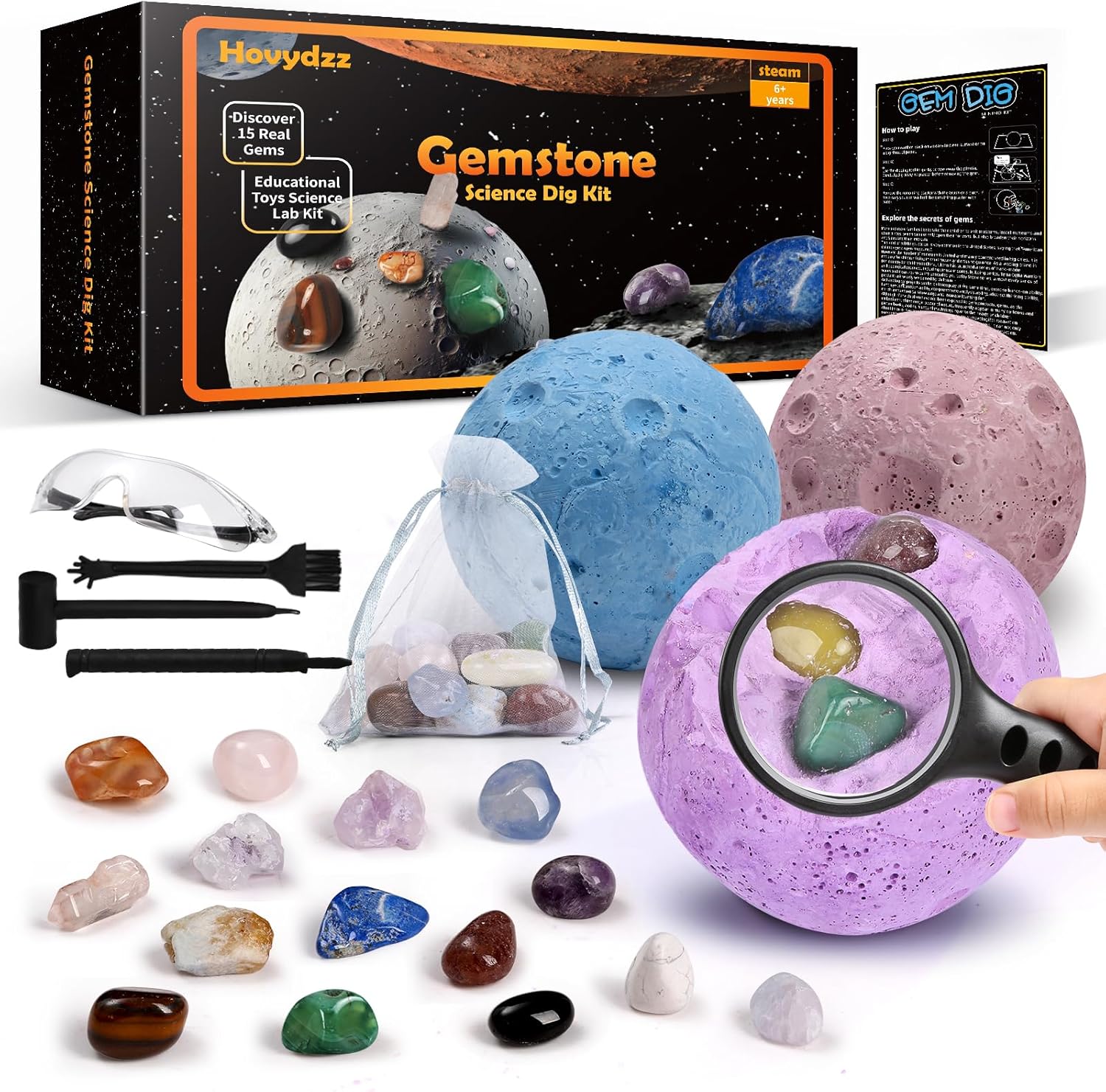 Gemstones Dig Kit, Science Kit for Kids, Dig up 15 Real Gems & Explore Solar System, STEM Educational Mining Space