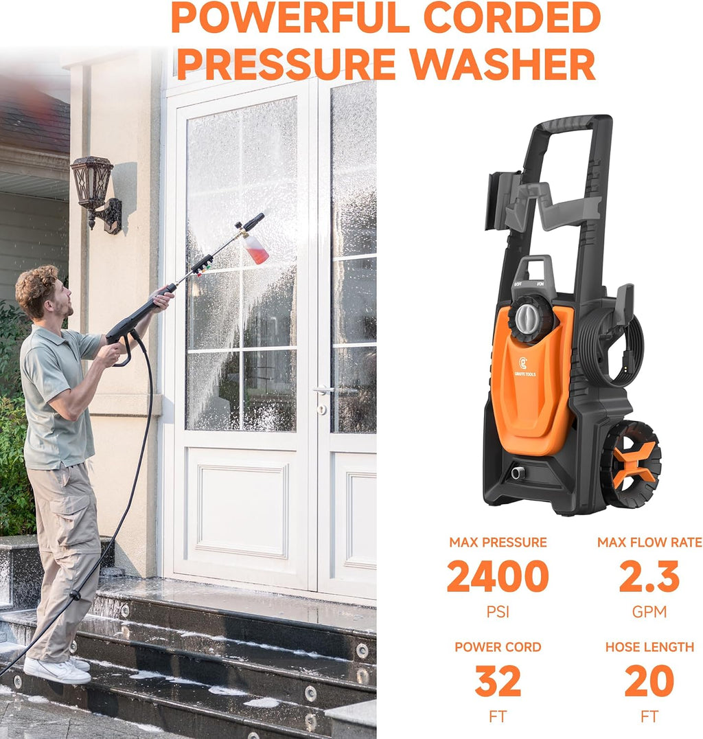 Electric Pressure Washer, 2400 PSI 2.3 GPM with 4 Quick-Connect Nozzles, 20FT Hose & Foam Cannon, Powerful Washer for