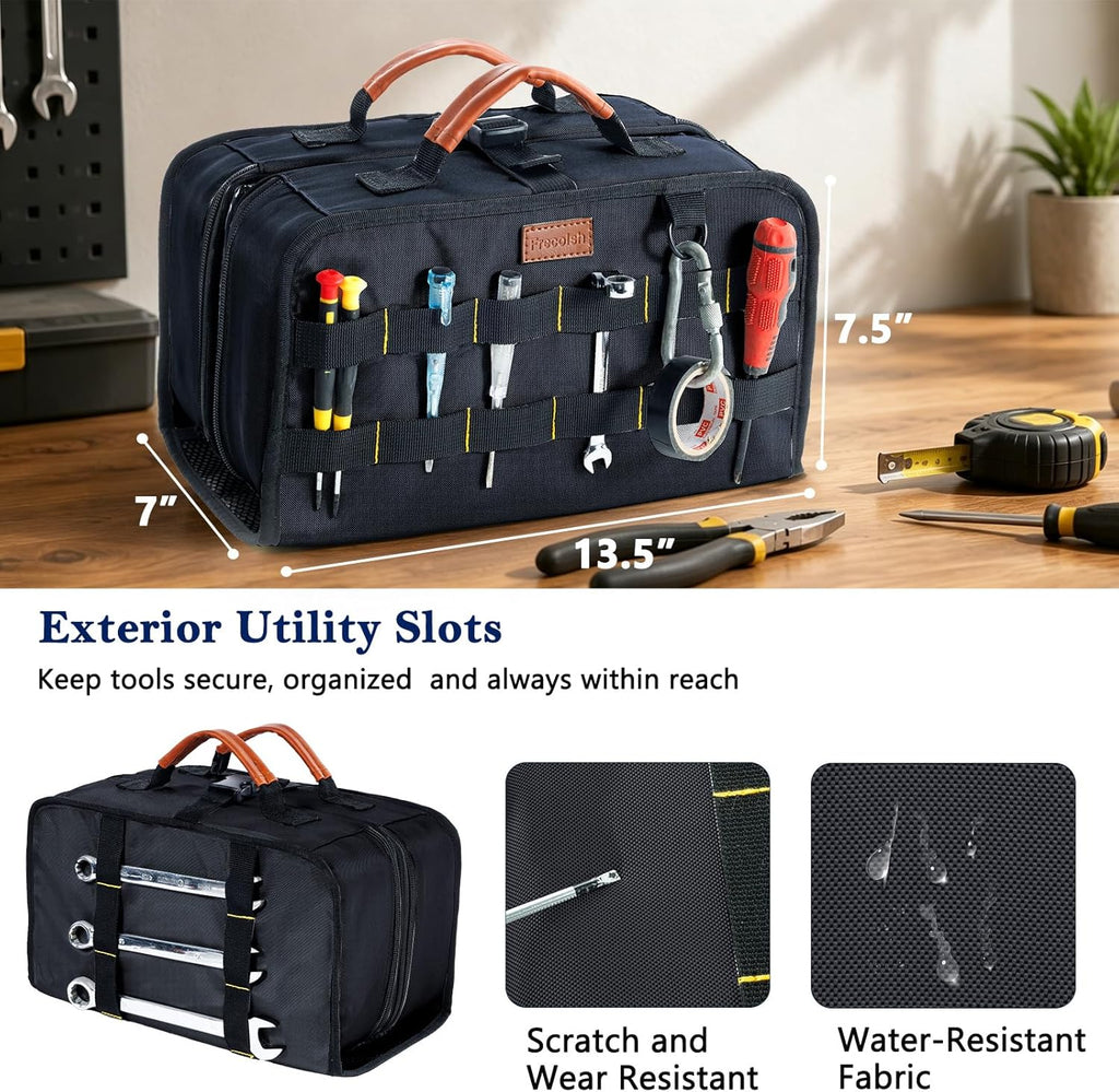 Heavy Duty Tool Bag Organizer with Clear Lid Compartments for Electrician, Portable Tool Organizer Case for