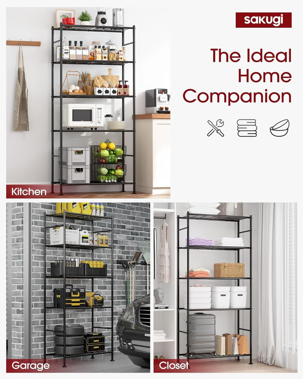 Storage Shelves - 5 Tier Shelf Organizer, Heavy Duty Garage Shelving Unit with Leveling Feet, Stable Metal Shelves