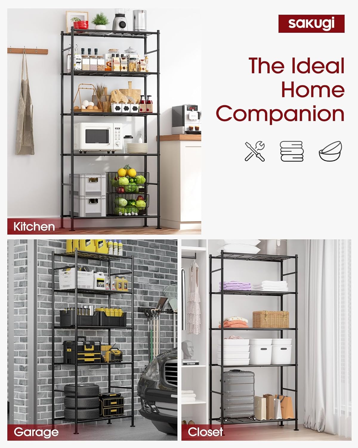 Storage Shelves - 5 Tier Shelf Organizer, Heavy Duty Garage Shelving Unit with Leveling Feet, Stable Metal Shelves