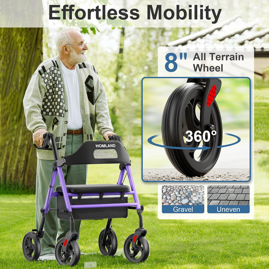 Foldable Rollator Walkers with Seat for Seniors, 8'' Big Wheels, 350 lb. Weight Capacity, Adjustable Handles and Seat