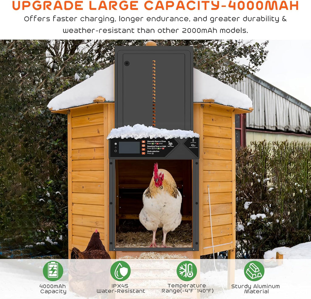 Large Automatic Chicken Coop Door Solar Powered 4000mAh High Capacity-Black