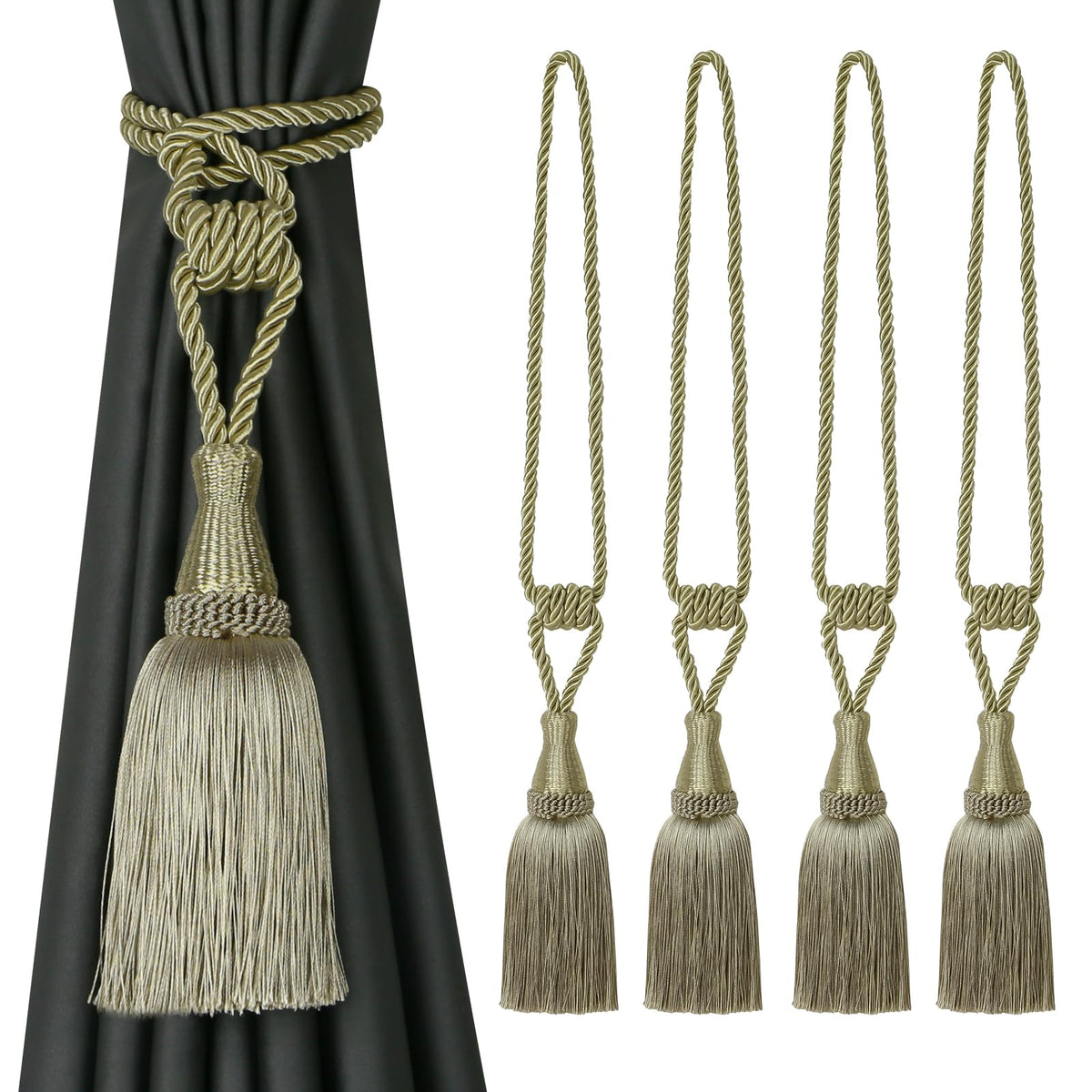 4 Pack Tassel Curtain Tiebacks Handmade Holdbacks (Dark Beige)