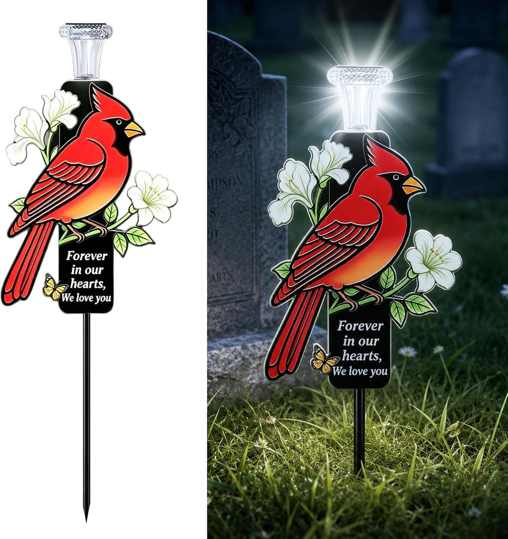Solar Cardinal Memorial Garden Stake Light, Waterproof Red Bird Cemetery Grave Marker with LED Solar Lamp, Forever in