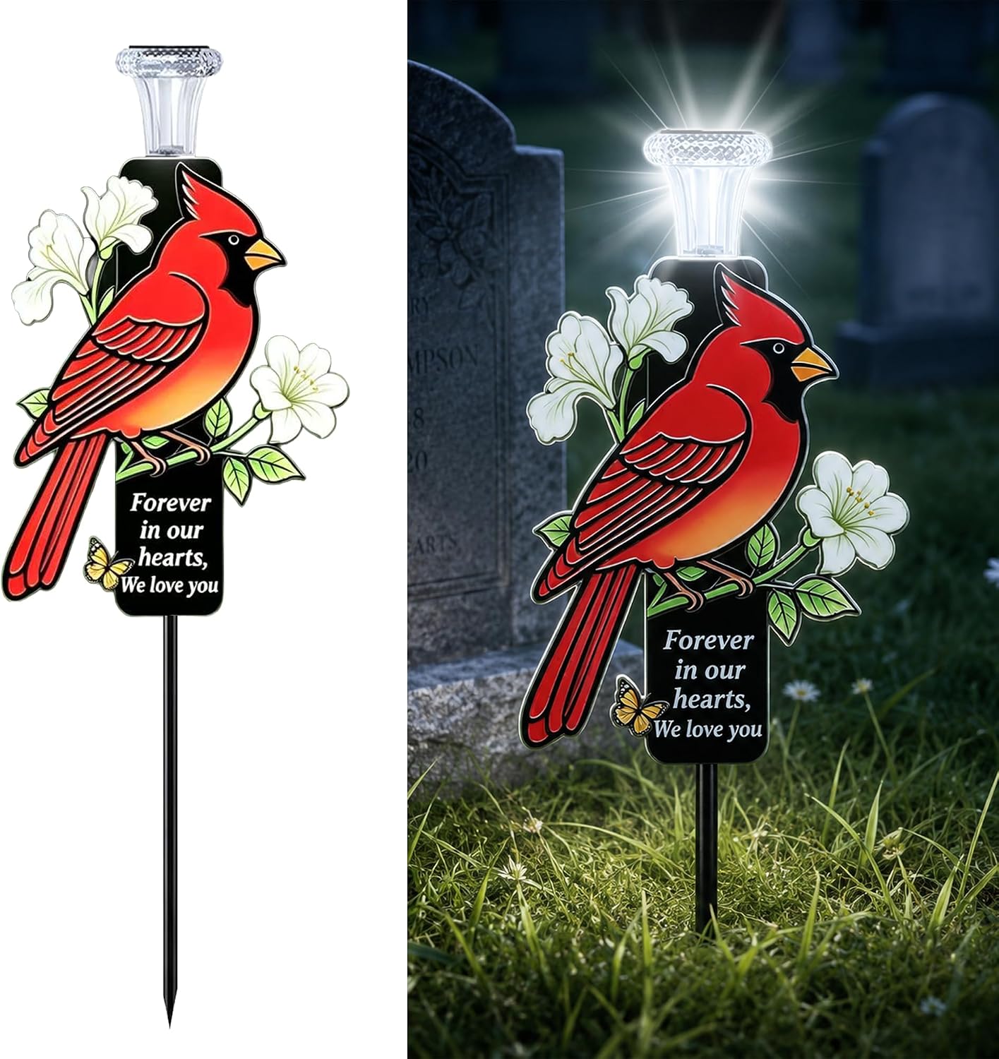 Solar Cardinal Memorial Garden Stake Light, Waterproof Red Bird Cemetery Grave Marker with LED Solar Lamp, Forever in