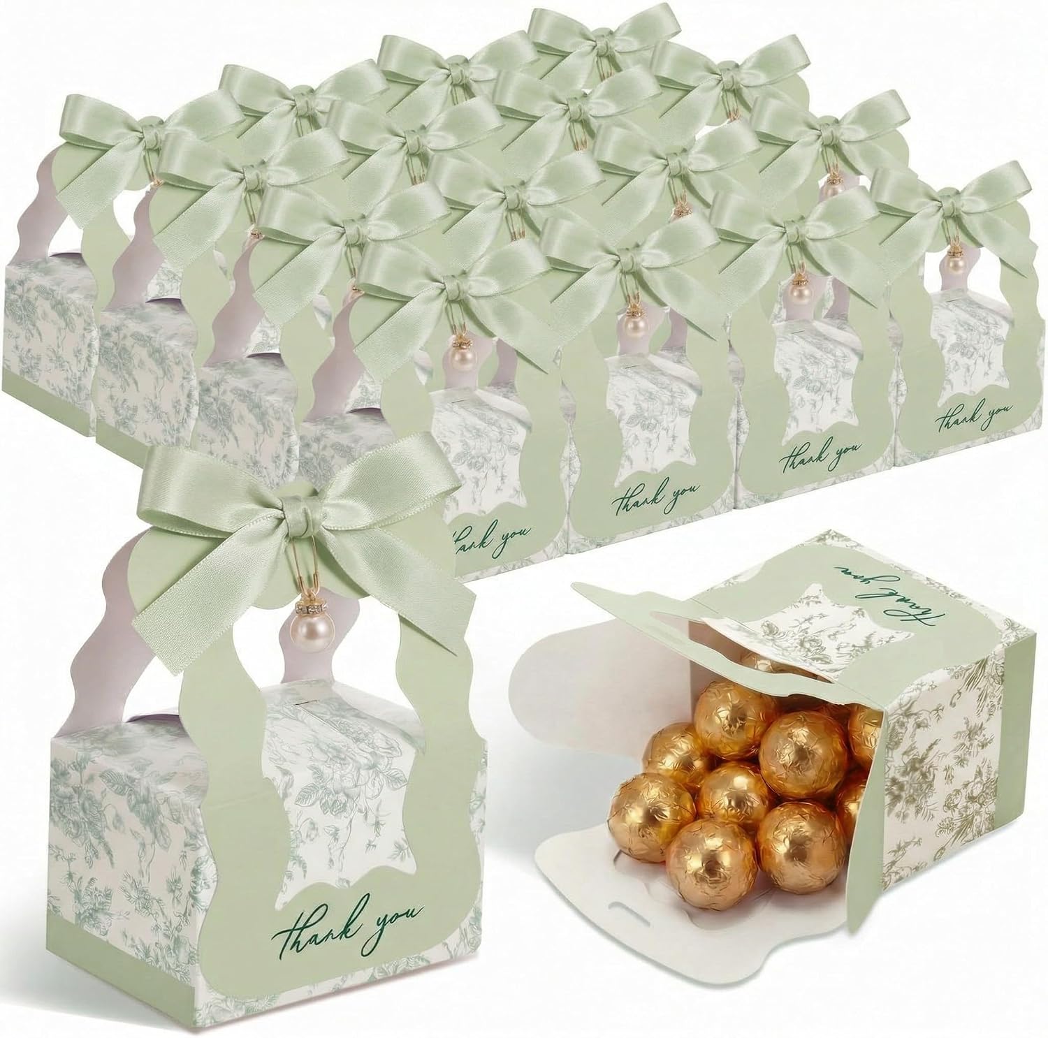 50 Sets Floral Wedding Favor Boxes with Pearl Pendant Bow, Green