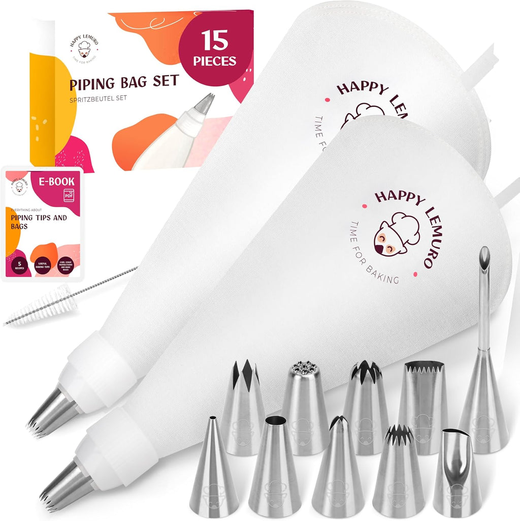Cake Decorating Kit – Reusable 16" & 14" Cotton Piping Bags with 10 Large Stainless Steel Icing Tips – Durable