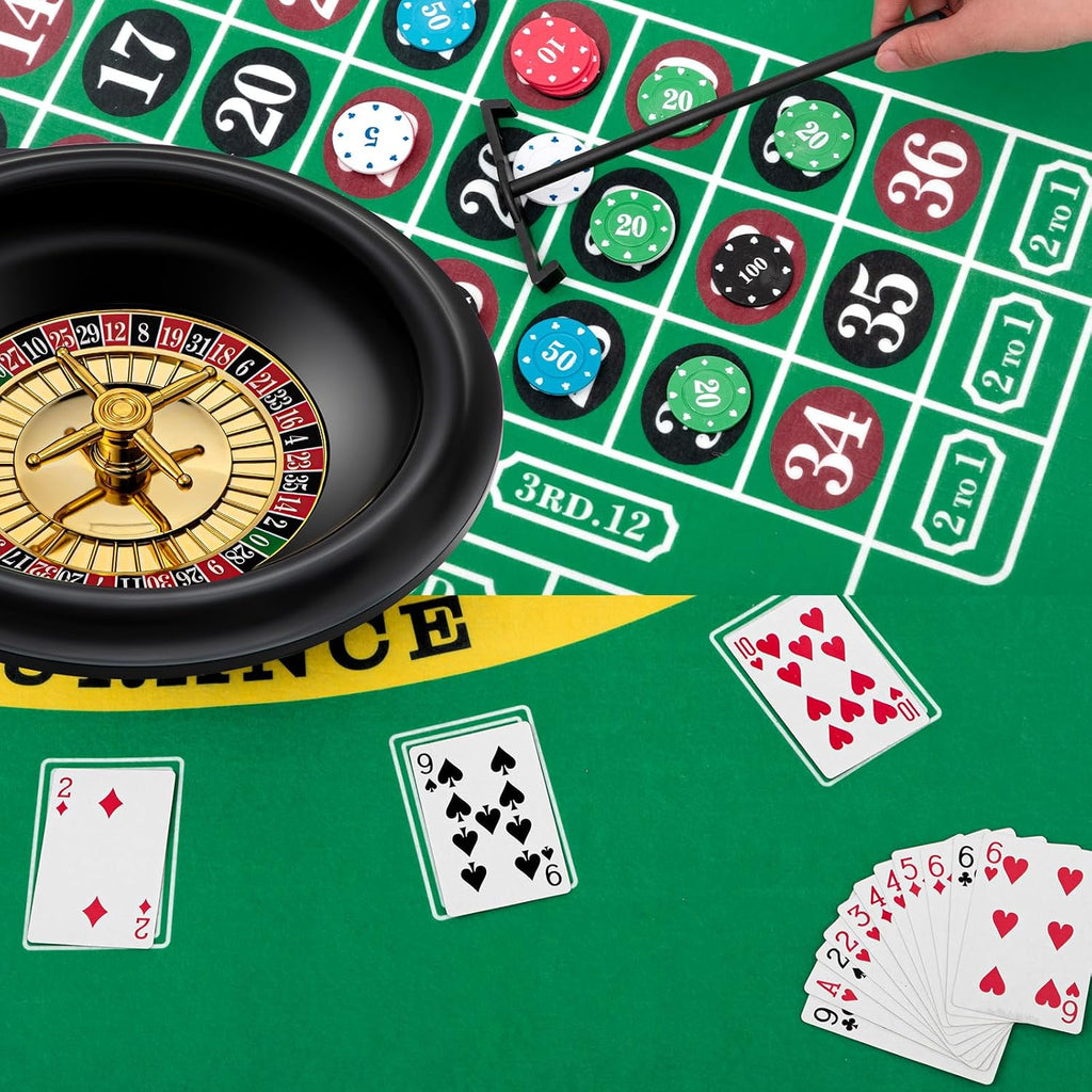 Casino Night 4 in 1 Complete Game Set for Craps Texas Holdem Party | 2 Double Sided Felts Layout Mat, 10" Roulette