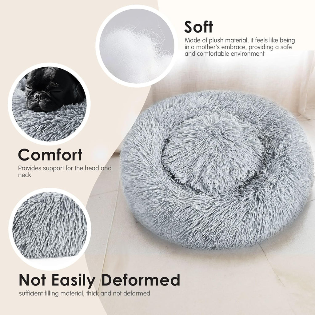 Dog & Cat Bed for Indoor Cats, 20in Calming Donut Bed for Puppy and Kitten, Washable Round Fluffy Pet Bed for Small