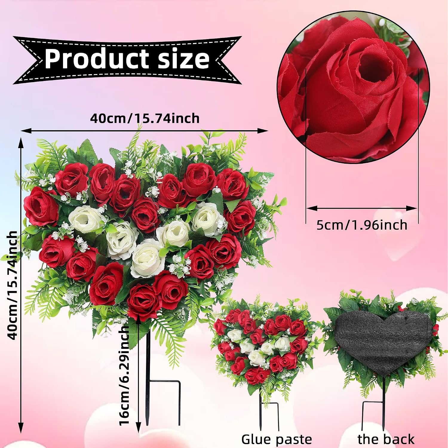 2 Sets Artificial Cemetery Flowers, Grave Memorial Flowers with Ground Spike,Heart Shaped Wreaths Rose Flowers for