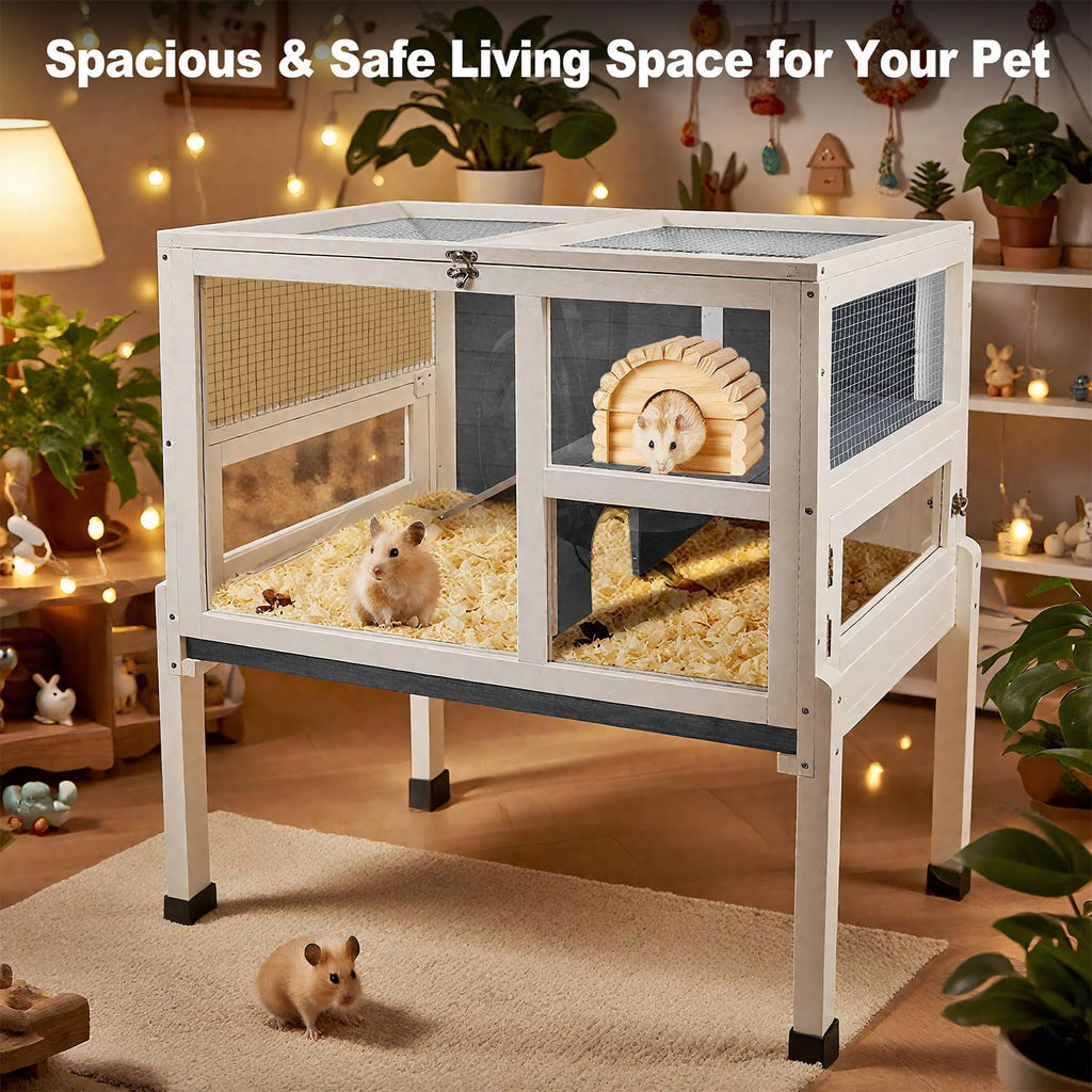 2-Story Guinea Pig Cage with Stand, Indoor Wooden Hamster Cage with Ramp, Pull-Out Tray, Hideout & Platform, Acrylic