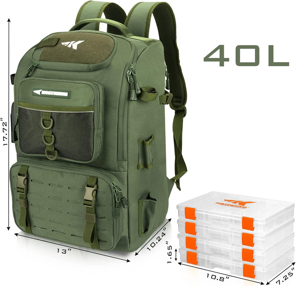 KarryAll Fishing Backpack with Rod Holder 4 Tackle Boxes, 40/26L | Tackle Bag Storage Fishing Gear and Equipment