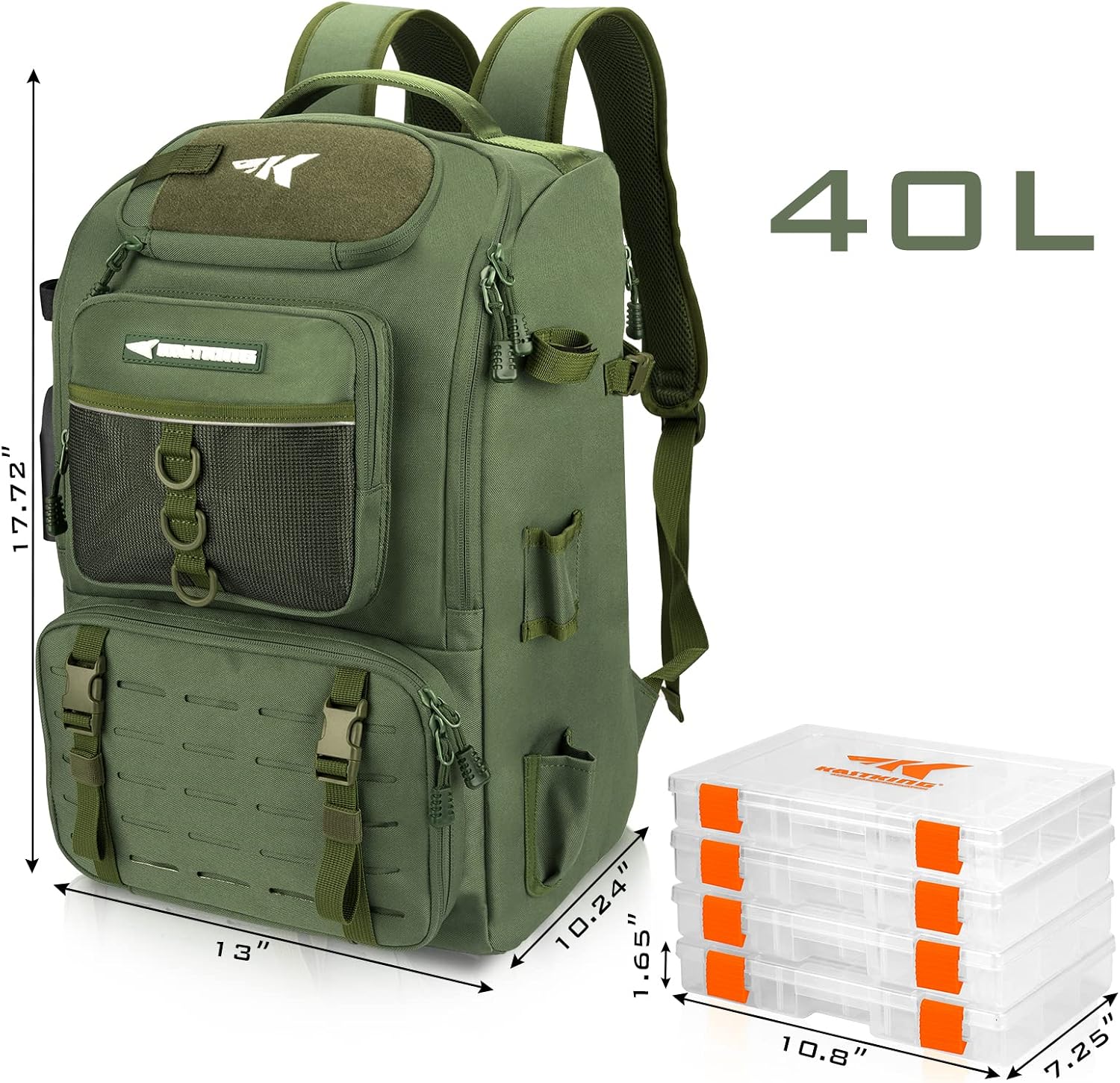KarryAll Fishing Backpack with Rod Holder 4 Tackle Boxes, 40/26L | Tackle Bag Storage Fishing Gear and Equipment