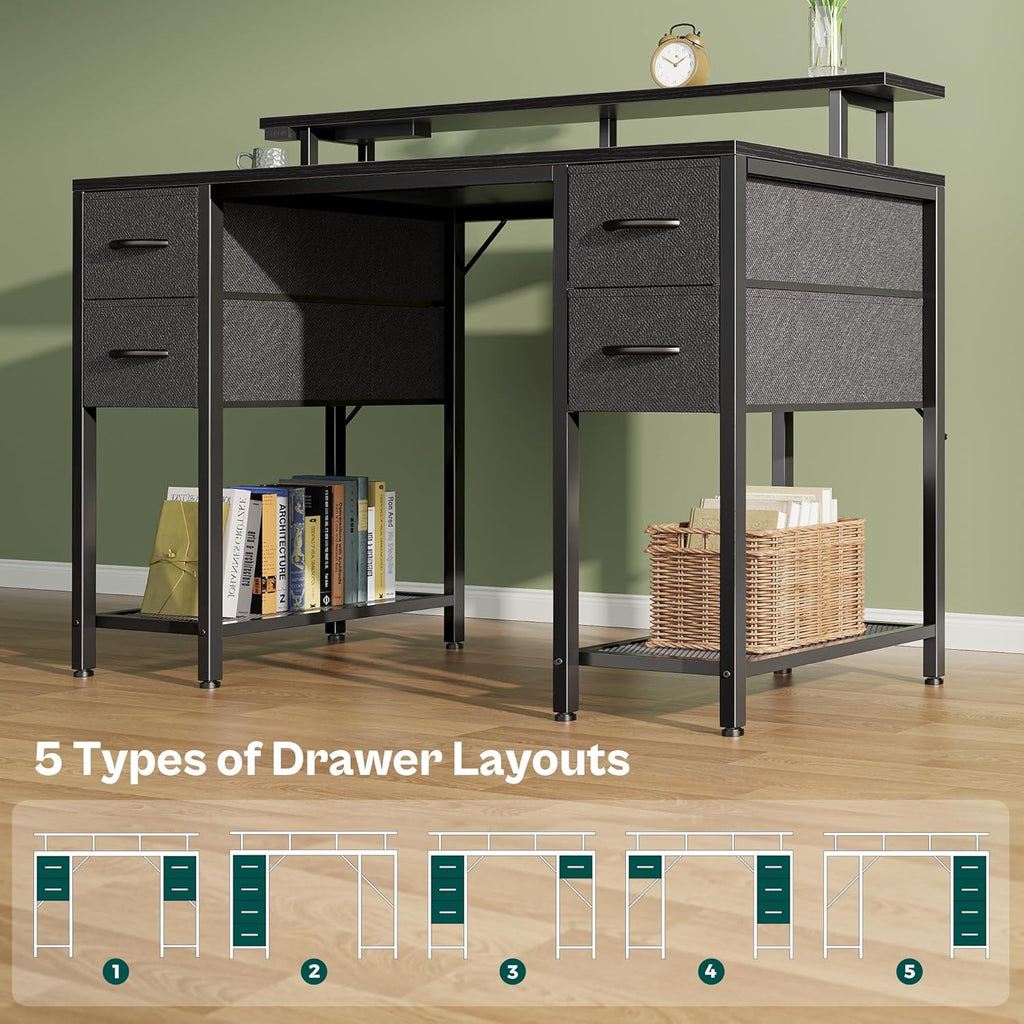 47 inch Computer Desk with 4 Drawers, Gaming Desk with LED Lights & Power Outlets, Home Office Desk with Large