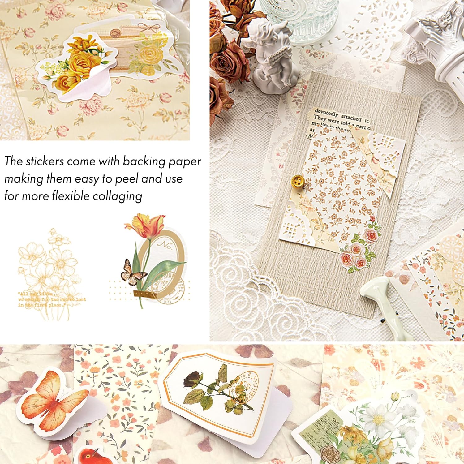 Vintage Floral Scrapbook Paper & Journaling Stickers (400pcs) Assorted Set - 4 Pack Junk Journal Supplies for Bullet