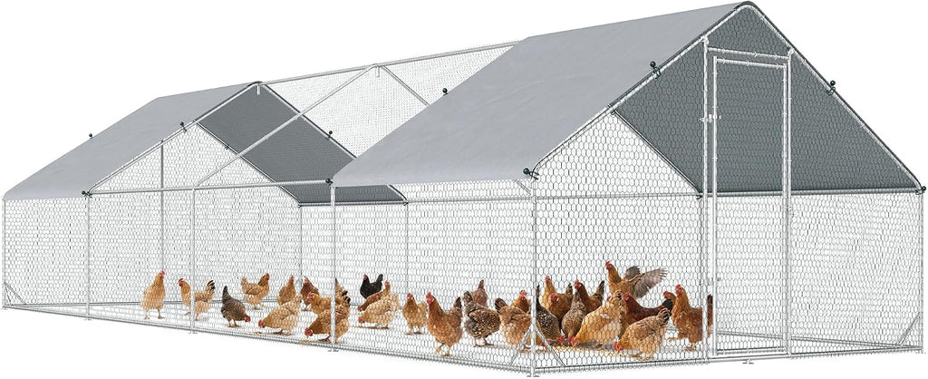 Large Chicken Coop Metal Chicken Run with Waterproof and Anti-UV Cover, Spire Shaped Walk in Fence Cage Hen House for