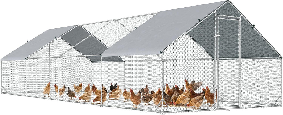 Large Chicken Coop Metal Chicken Run with Waterproof and Anti-UV Cover, Spire Shaped Walk in Fence Cage Hen House for