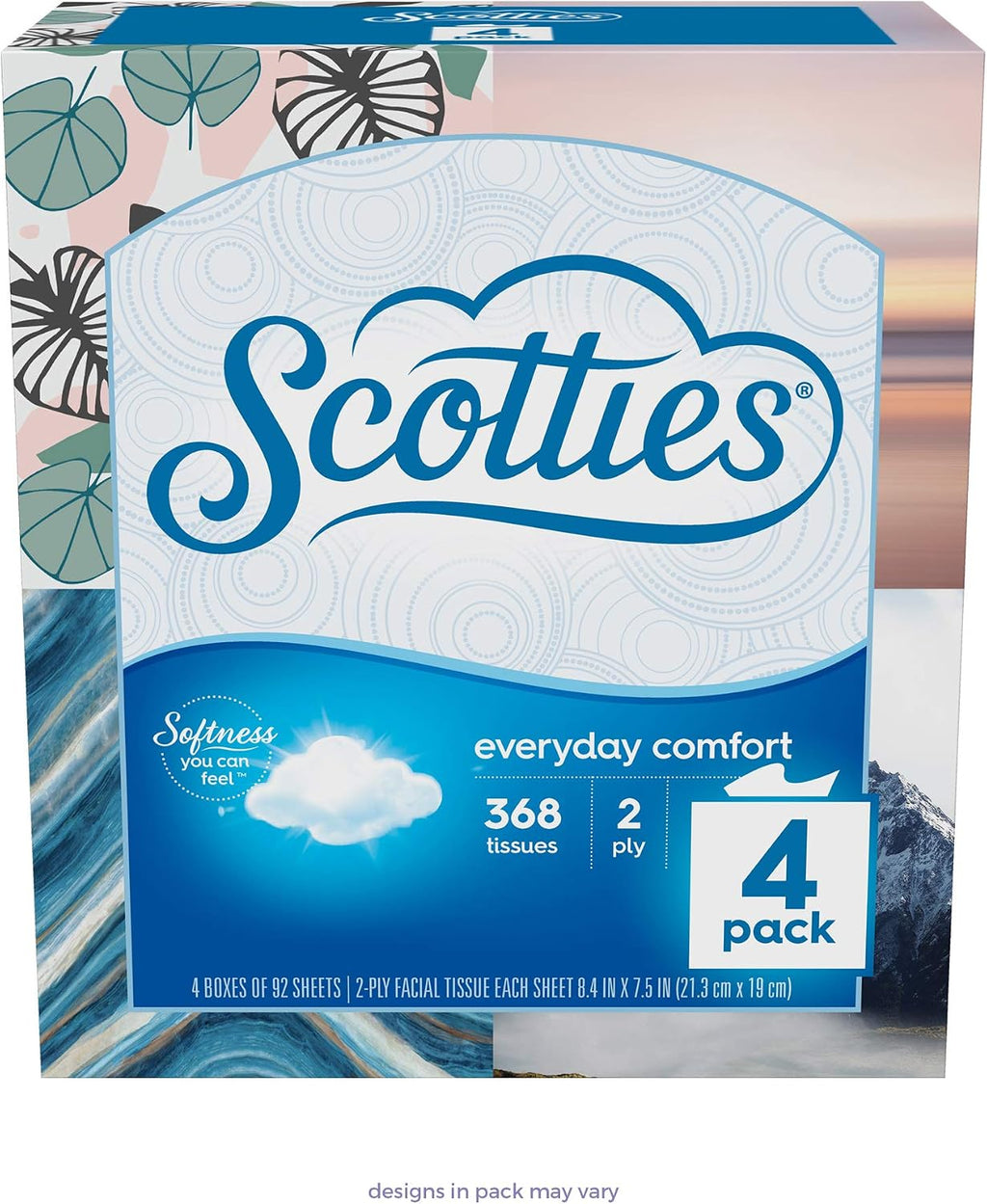 Everyday Comfort Facial Tissues, 2-Ply, 92 Tissues Per Box, (Pack of 4)