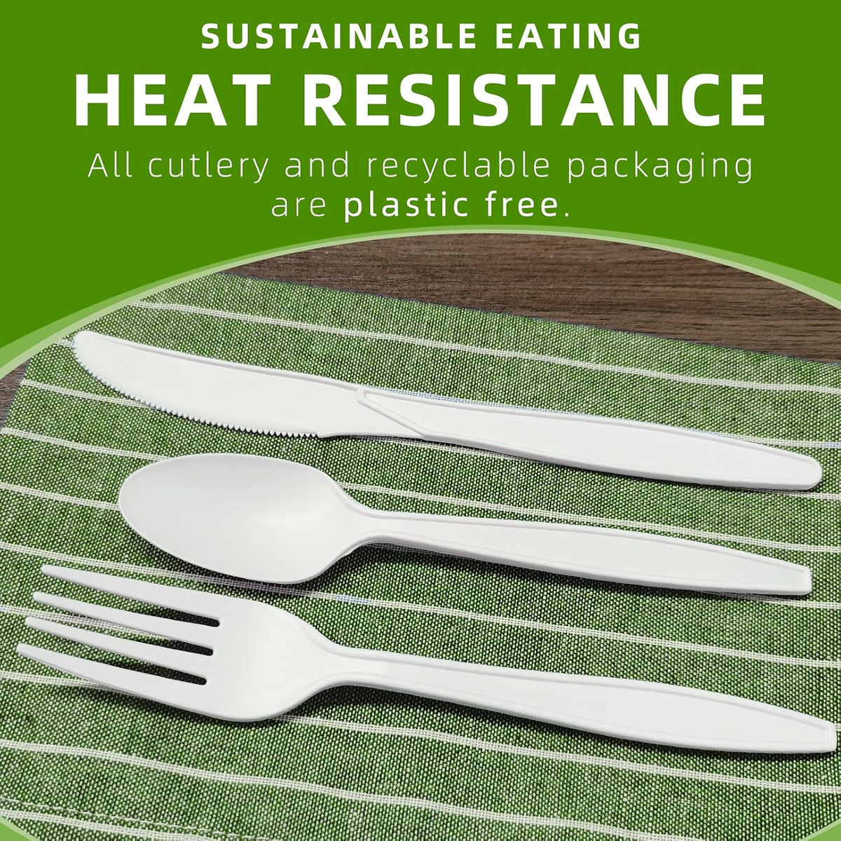 300 Count Compostable Utensils, No Plastic Cutlery Disposable 100 Forks 100 Spoons 100 Knives, White Compostable