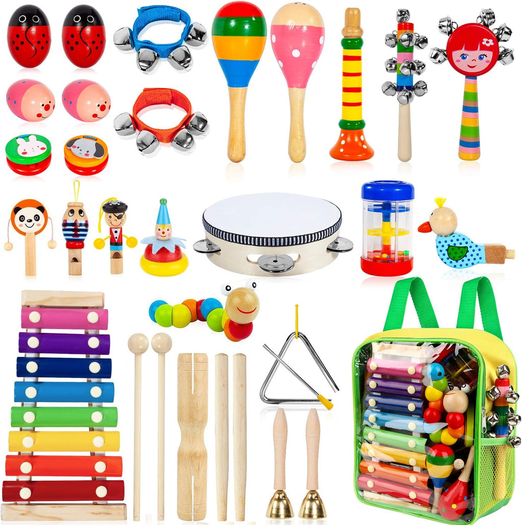 Kids Musical Instruments, 33Pcs 18 Types Wooden Percussion Instruments Tambourine Xylophone Toys for Kids Children