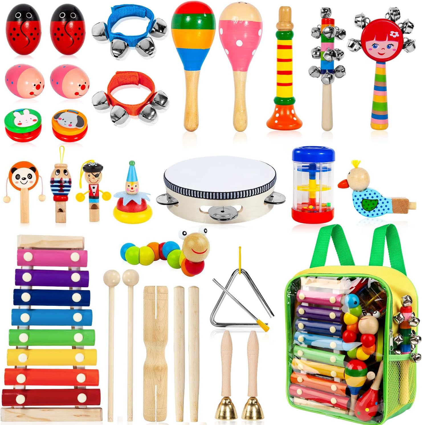 Kids Musical Instruments, 33Pcs 18 Types Wooden Percussion Instruments Tambourine Xylophone Toys for Kids Children