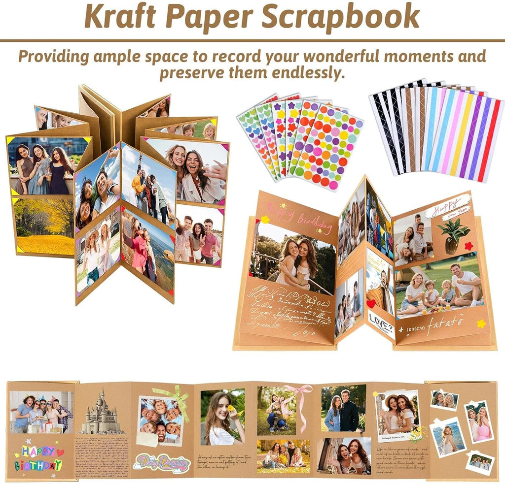 Accordion Scrapbook Album,Brown Kraft Paper Pages with DIY Accessories,Small Blank Photo Albums Set,6 X 8 Inch DIY