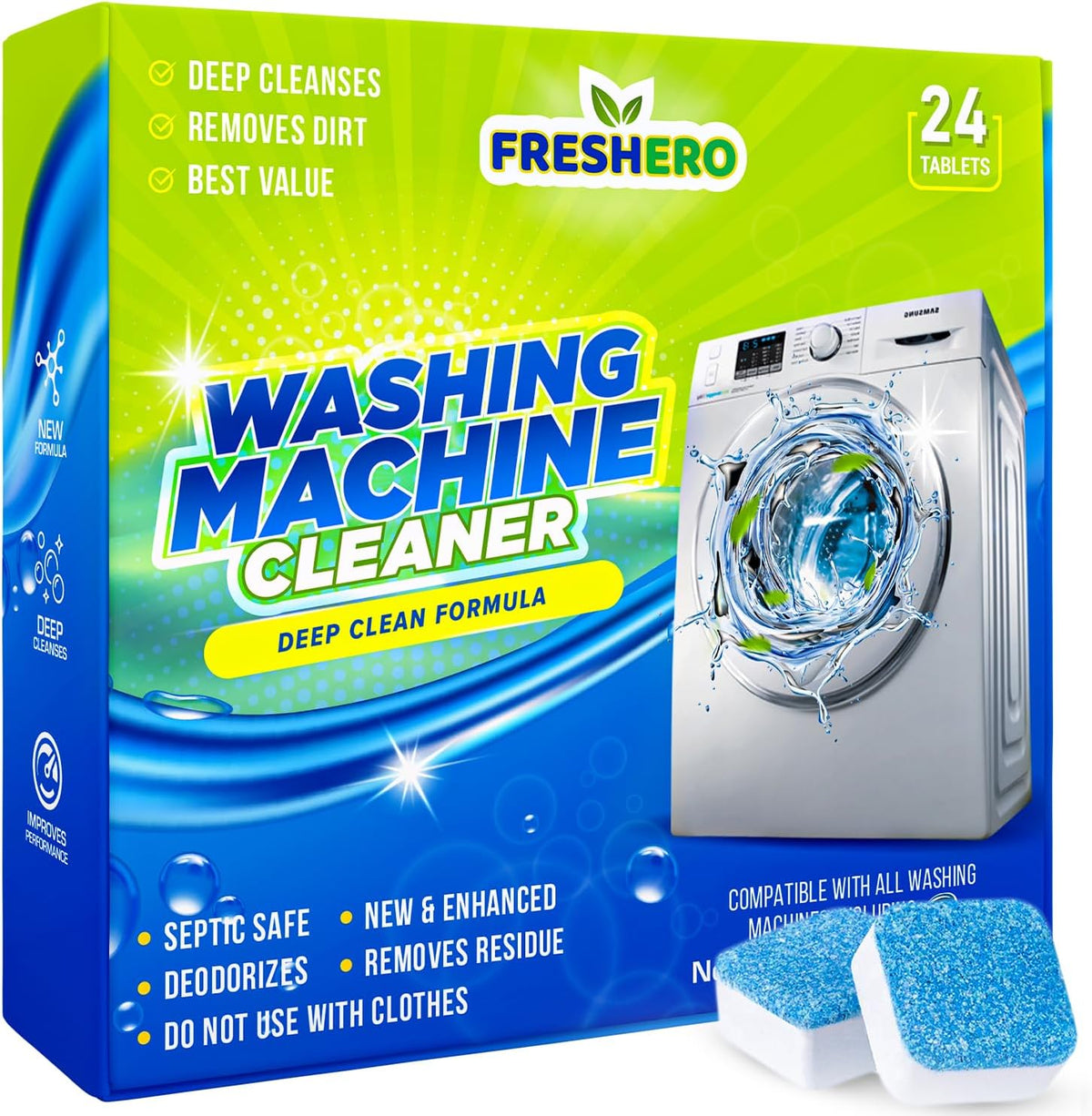 Washing Machine Cleaner Tablets 24 pk for HE Front/Top load Washer Cleaner