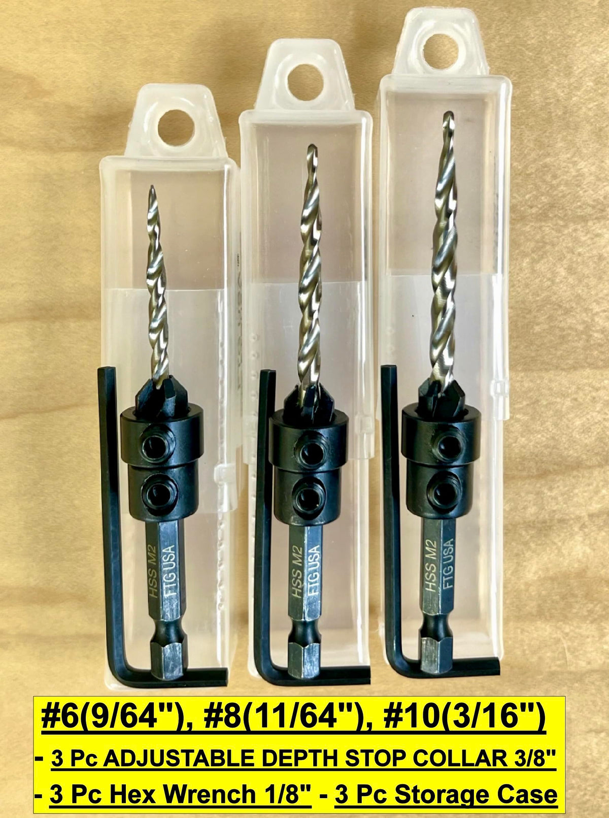 FTG USA 3 Pc #6#8#10 Countersink Drill Bit Set with Tapered Drill Bits Case