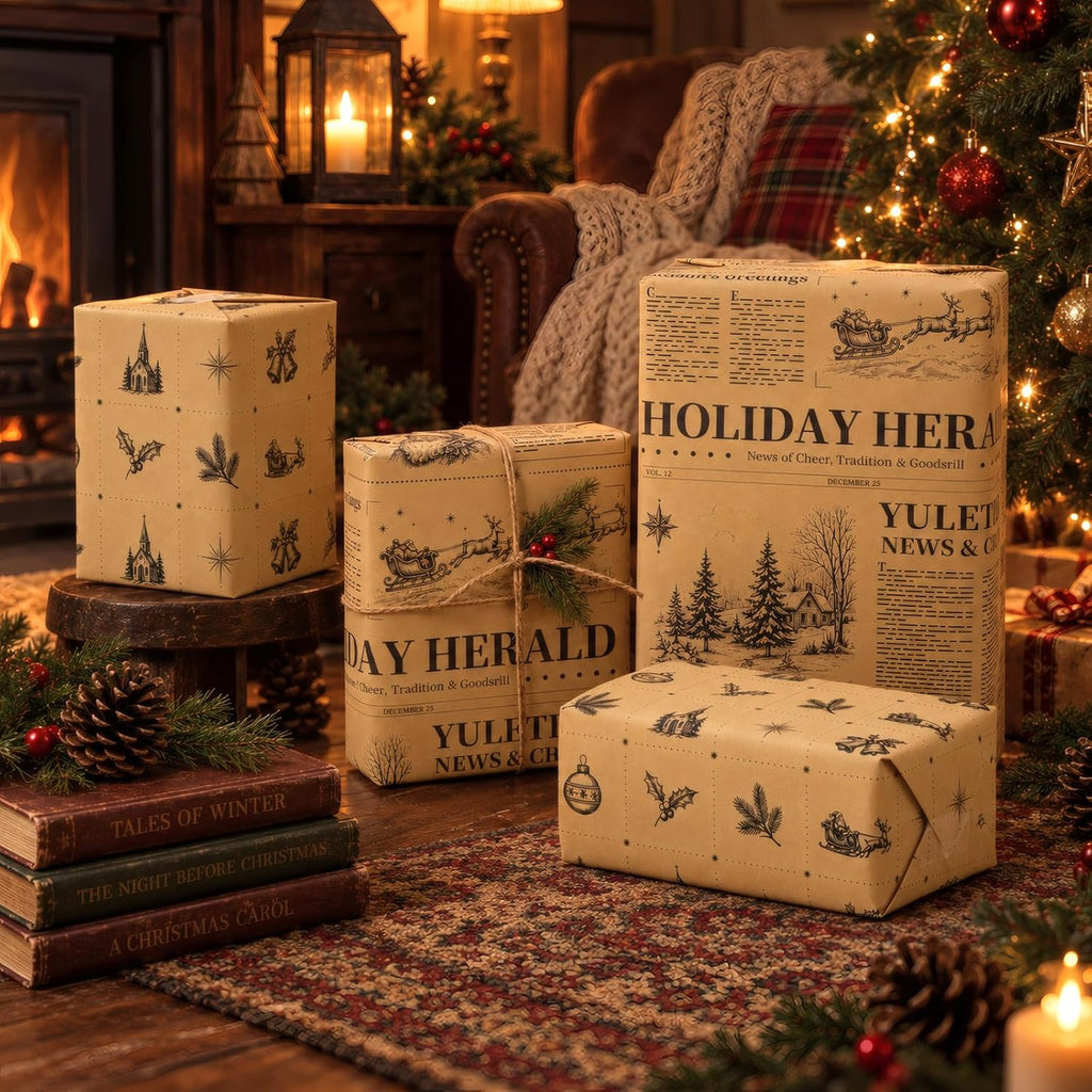 Vintage Christmas Wrapping Paper Rolls,Newspaper Brown Gift Wrap