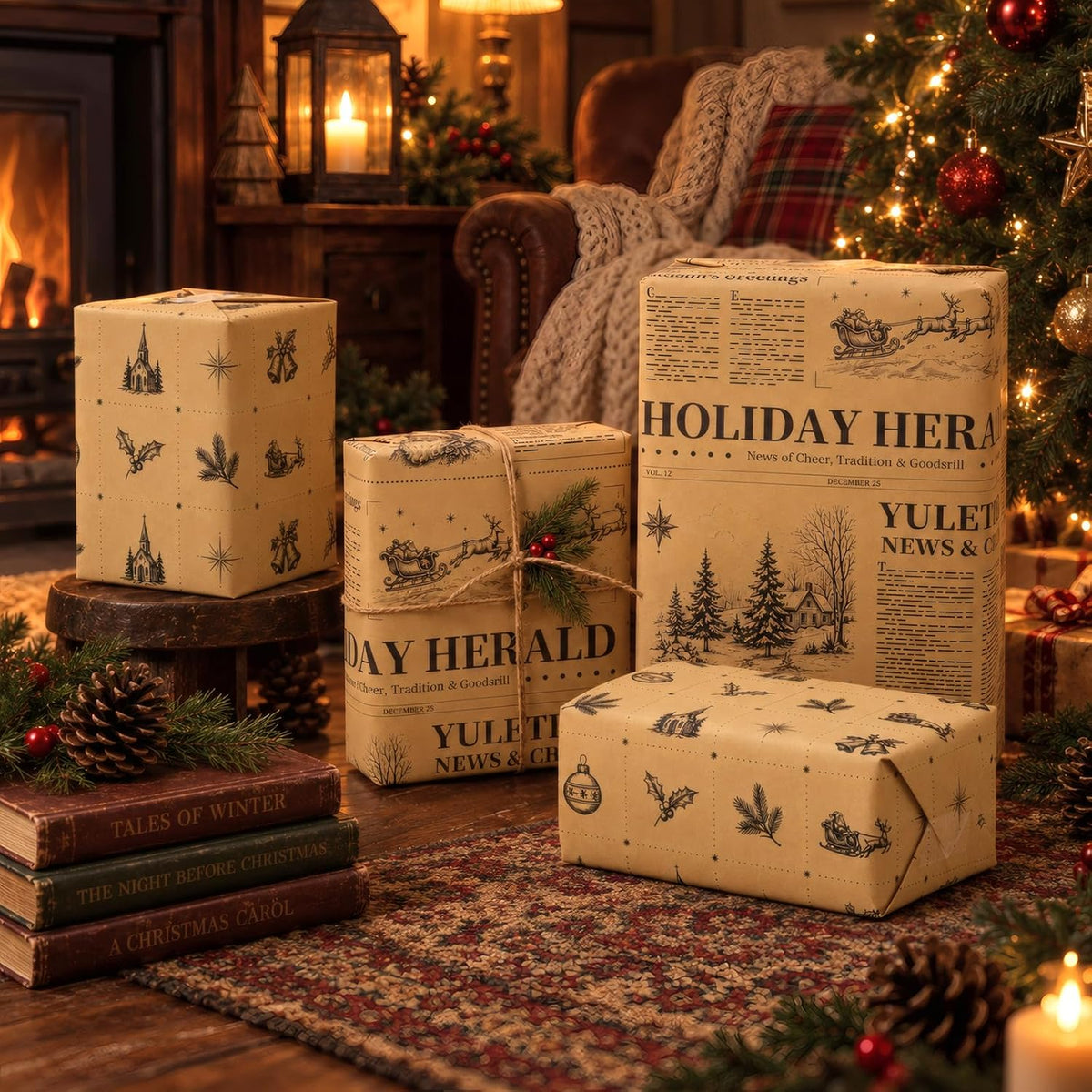 Vintage Christmas Wrapping Paper Rolls,Newspaper Brown Gift Wrap