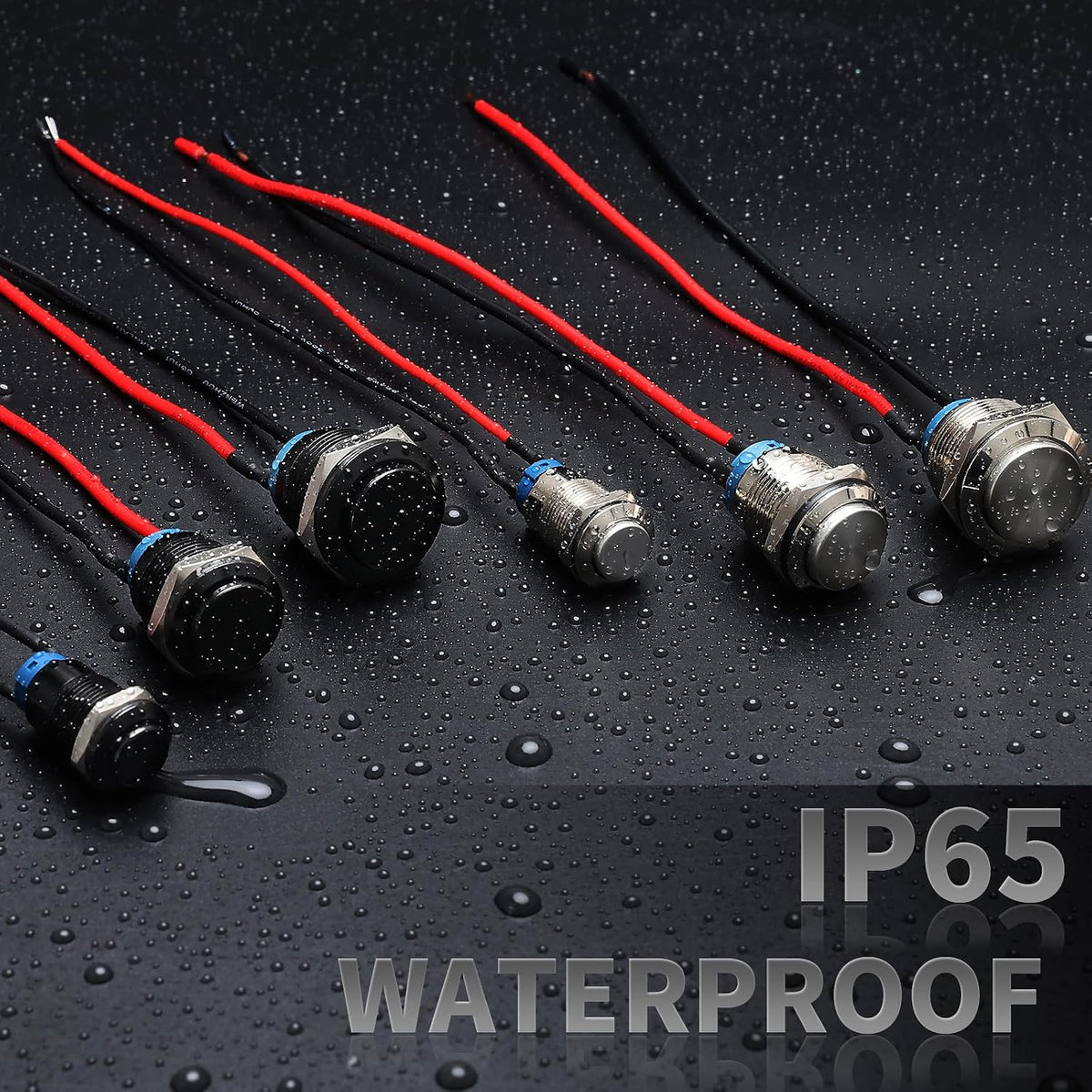 STARELO 5pcs 16mm Latching Push Button Switch Black Shell with pre-Wiring, IP65 Waterproof Push Button Switch,Aluminum Alloy 1 Normally Open Without LED.