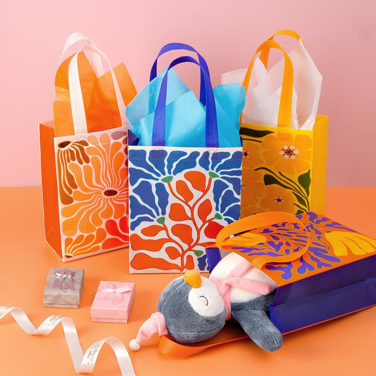 12 Pack 10" Floral Non-Woven Gift Bags with Tissue Paper