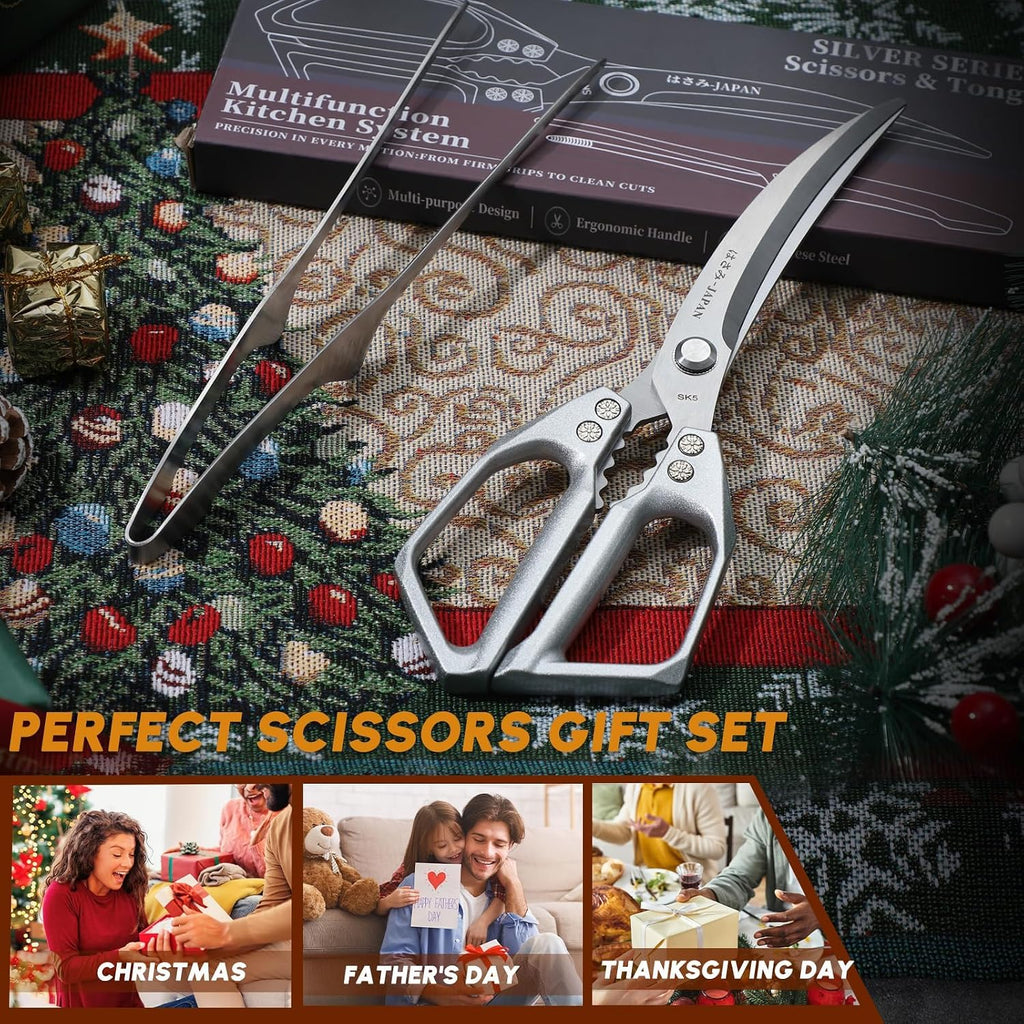 Kitchen Scissors and Cooking Tong Set - Silver Kitchen Shears for Food with Stainless Steel BBQ Tongs, Japanese Style