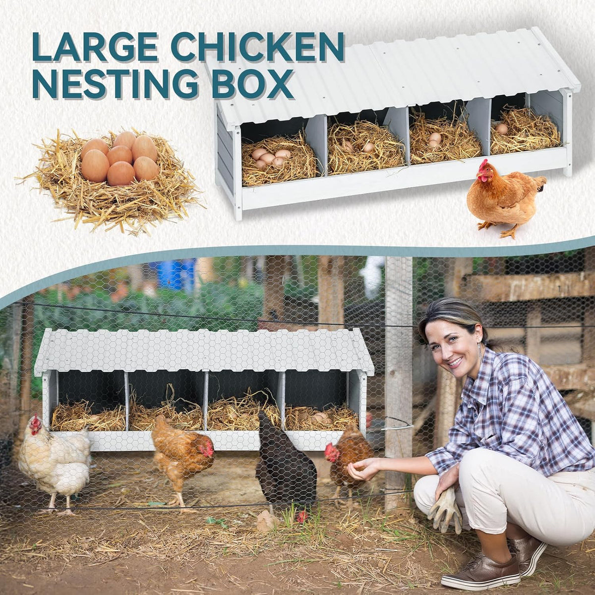 4 Holes Chicken Nesting Box, PVC Waterproof Roof, Privacy Cover