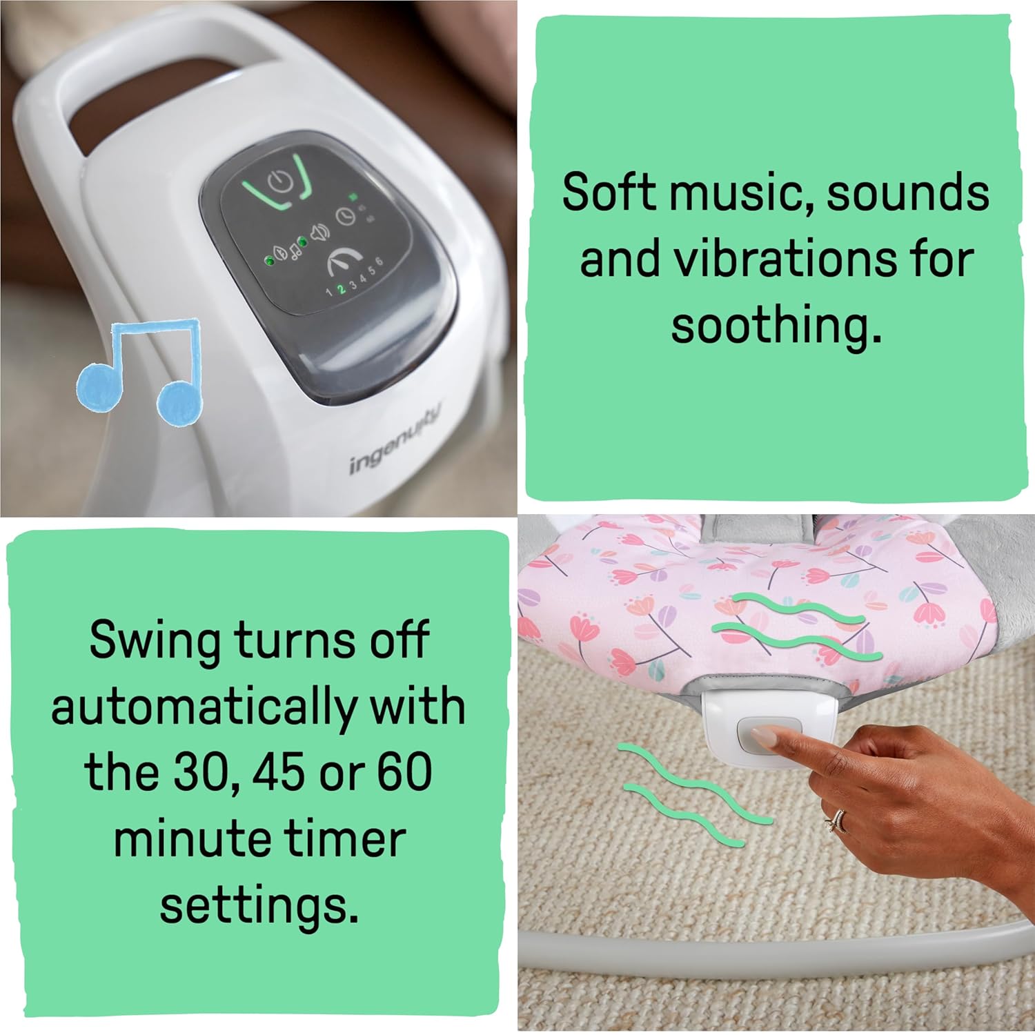 SimpleComfort Lightweight Compact 6-Speed Multi-Direction Baby Swing, Vibrations & Nature Sounds, 0-9 Months 6-20 lbs