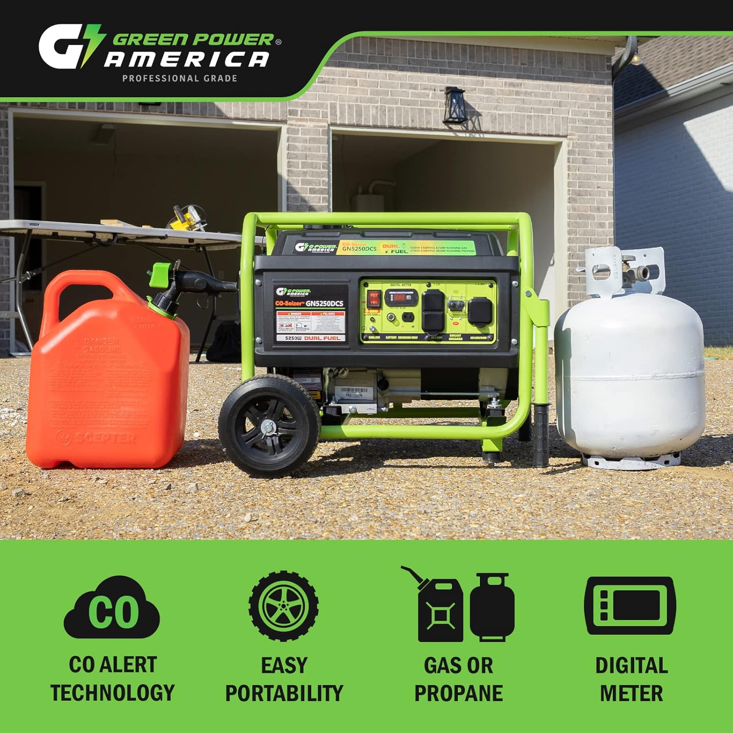 5250 Watt Dual Fuel Portable Generator, Gas & Propane, Manual Start, CO Protection System, Home Backup Power, RV Ready