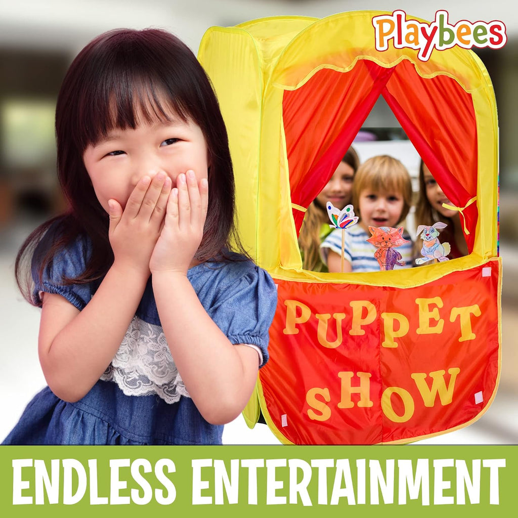 Puppet Theater for Kids, 2-in-1 Puppet Show & Lemonade Stand Pop-Up Play Tent - Playbees Foldable Theater Stage