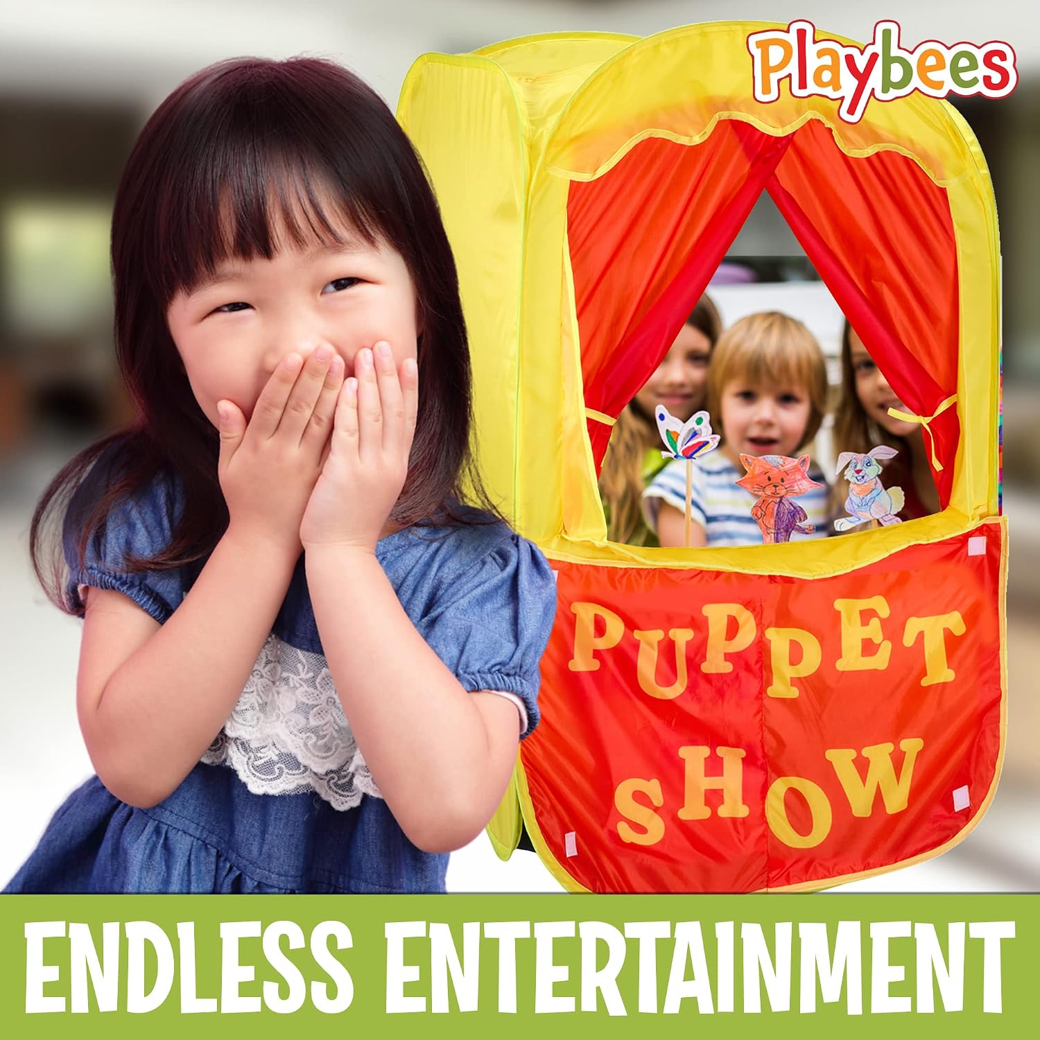 Puppet Theater for Kids, 2-in-1 Puppet Show & Lemonade Stand Pop-Up Play Tent - Playbees Foldable Theater Stage
