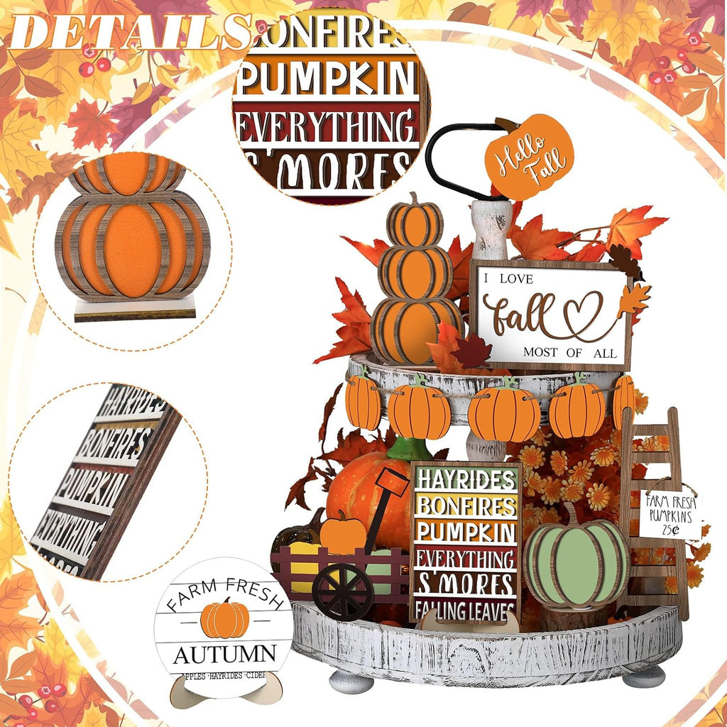 15 Pcs Fall Decorations for Home Fall Tiered Tray Decor Set,Harvest | Maple Leaves Pumpkin Wooden Signs, Thanksgiving