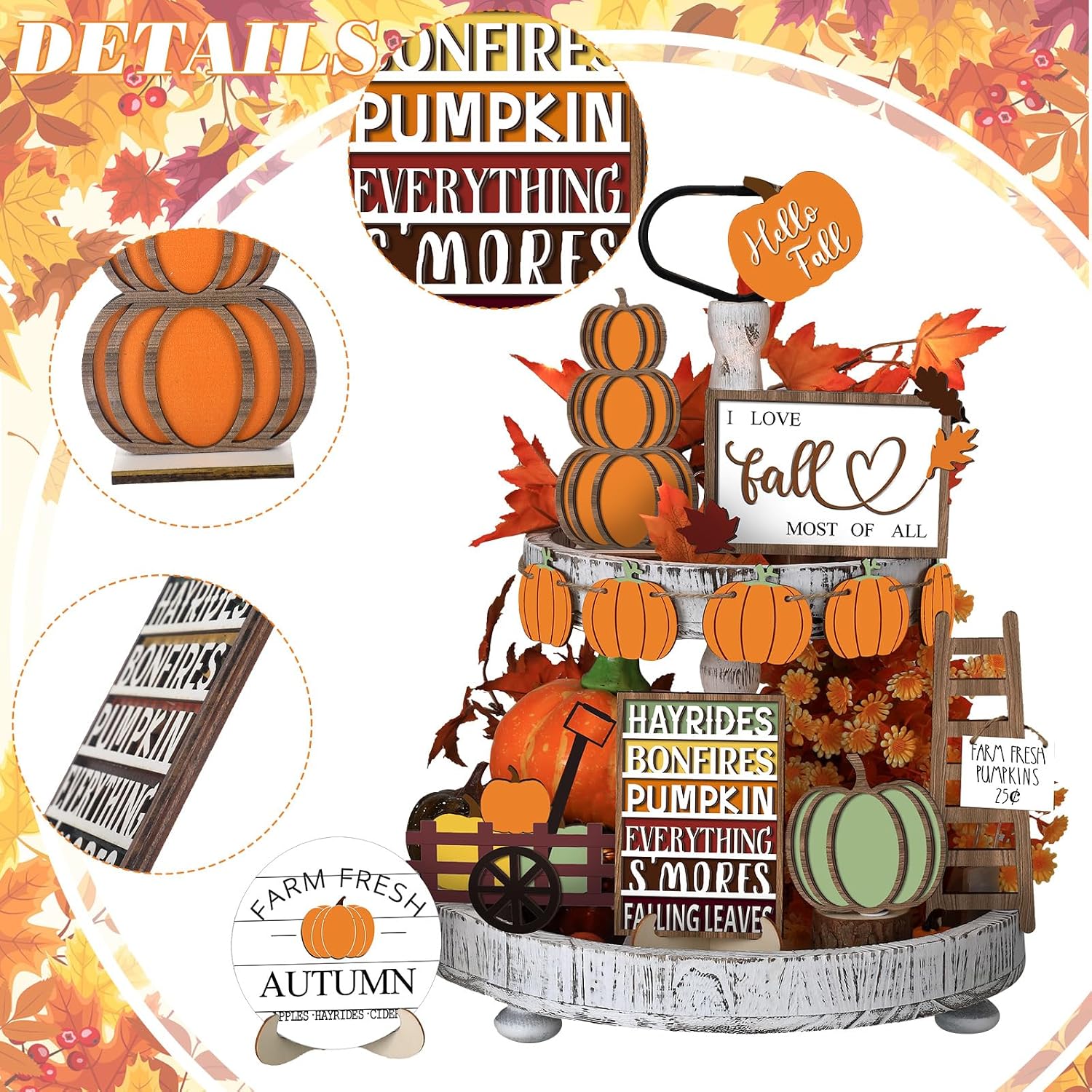 15 Pcs Fall Decorations for Home Fall Tiered Tray Decor Set,Harvest | Maple Leaves Pumpkin Wooden Signs, Thanksgiving