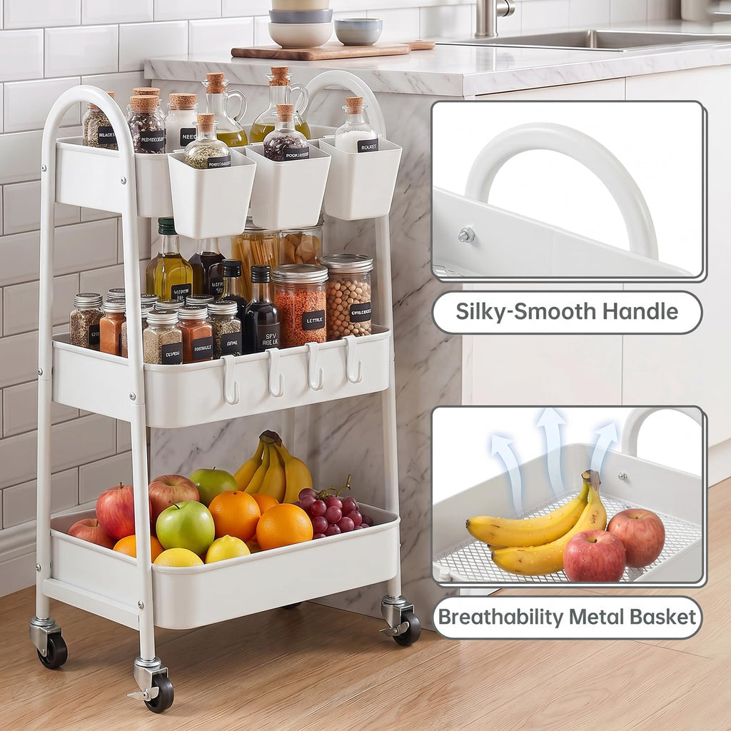 3-Tier Rolling Cart, Metal Storage Cart with Lockable Wheels